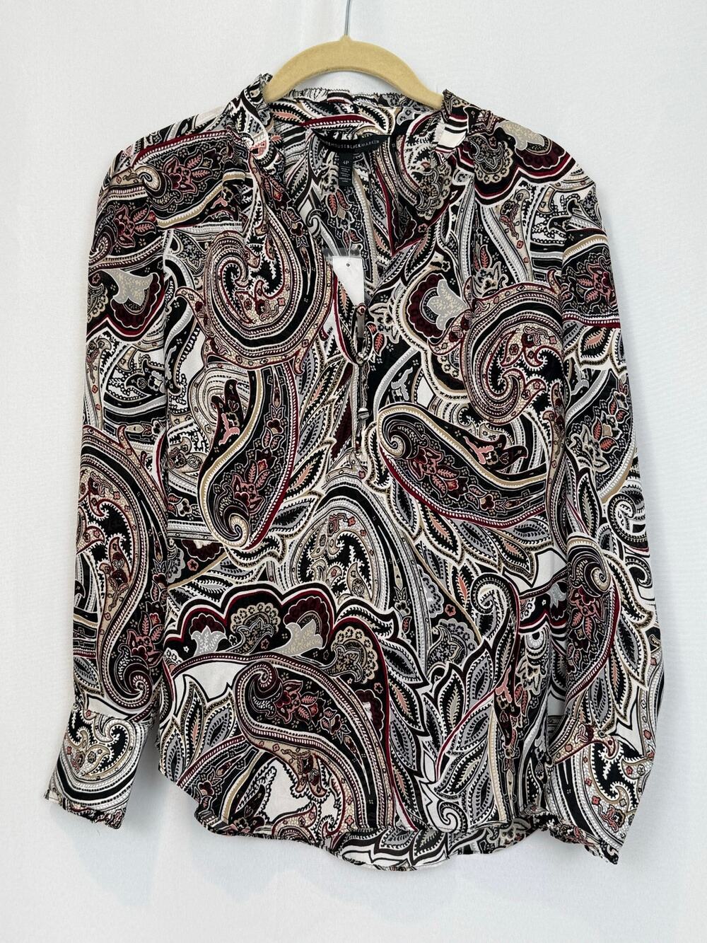 NWT White House Black Market 100% Silk Paisley Blouse Shirt 4P Petite Port Ecru